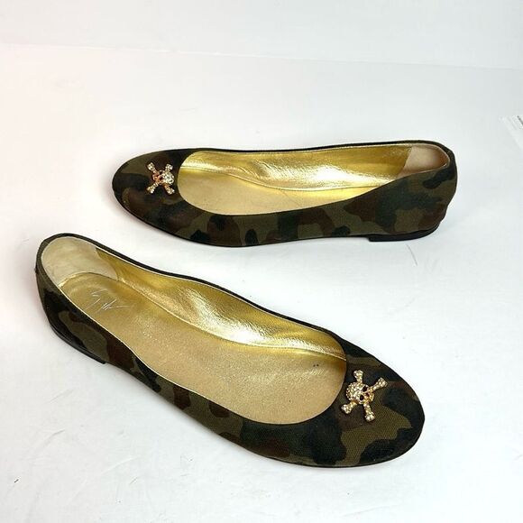 Giuseppe Zanotti Green Camouflage Canvas Crystal Skull Ballet Flats Size 40 US10 - Picture 1 of 15